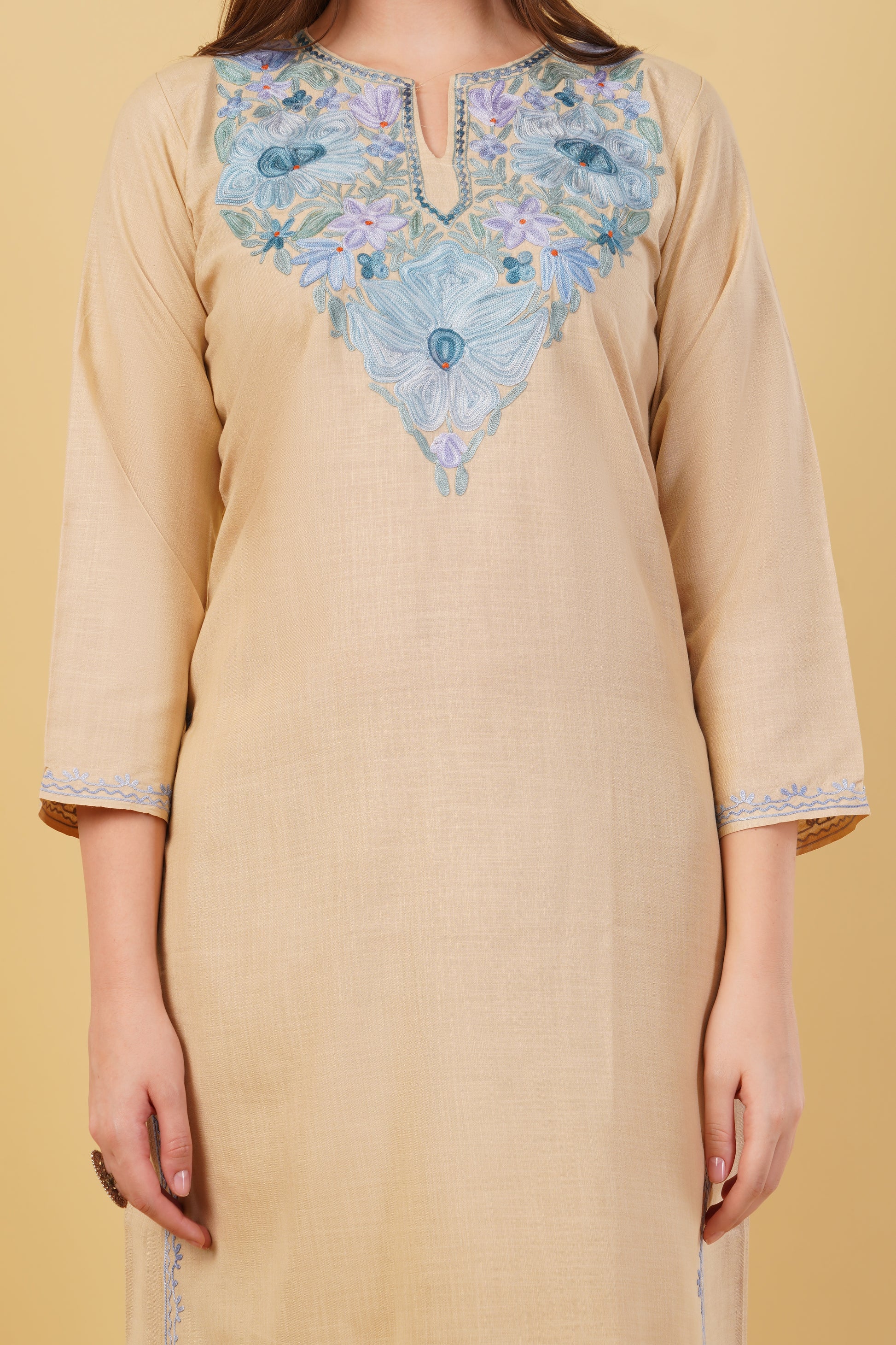 Kashmiri Aari embroidery Cotton Co-ord set Size-40 (Beige)