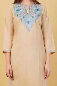 Kashmiri Aari embroidery Cotton Co-ord set Size-40 (Beige)