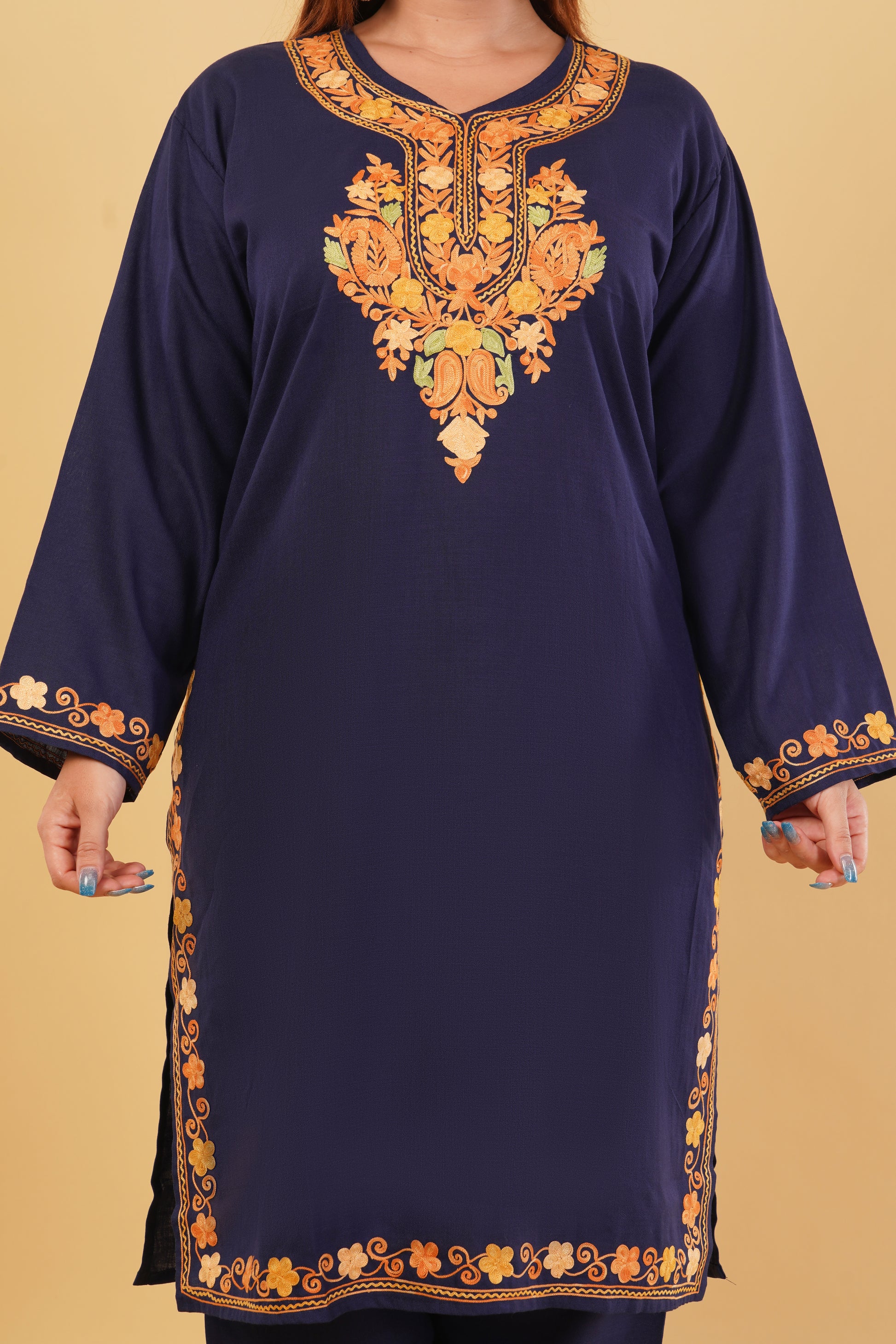 Kashmiri Aari embroidery Cotton Co-ord set Size-44 (Navy Blue)