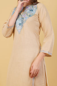 Kashmiri Aari embroidery Cotton Co-ord set Size-40 (Beige)