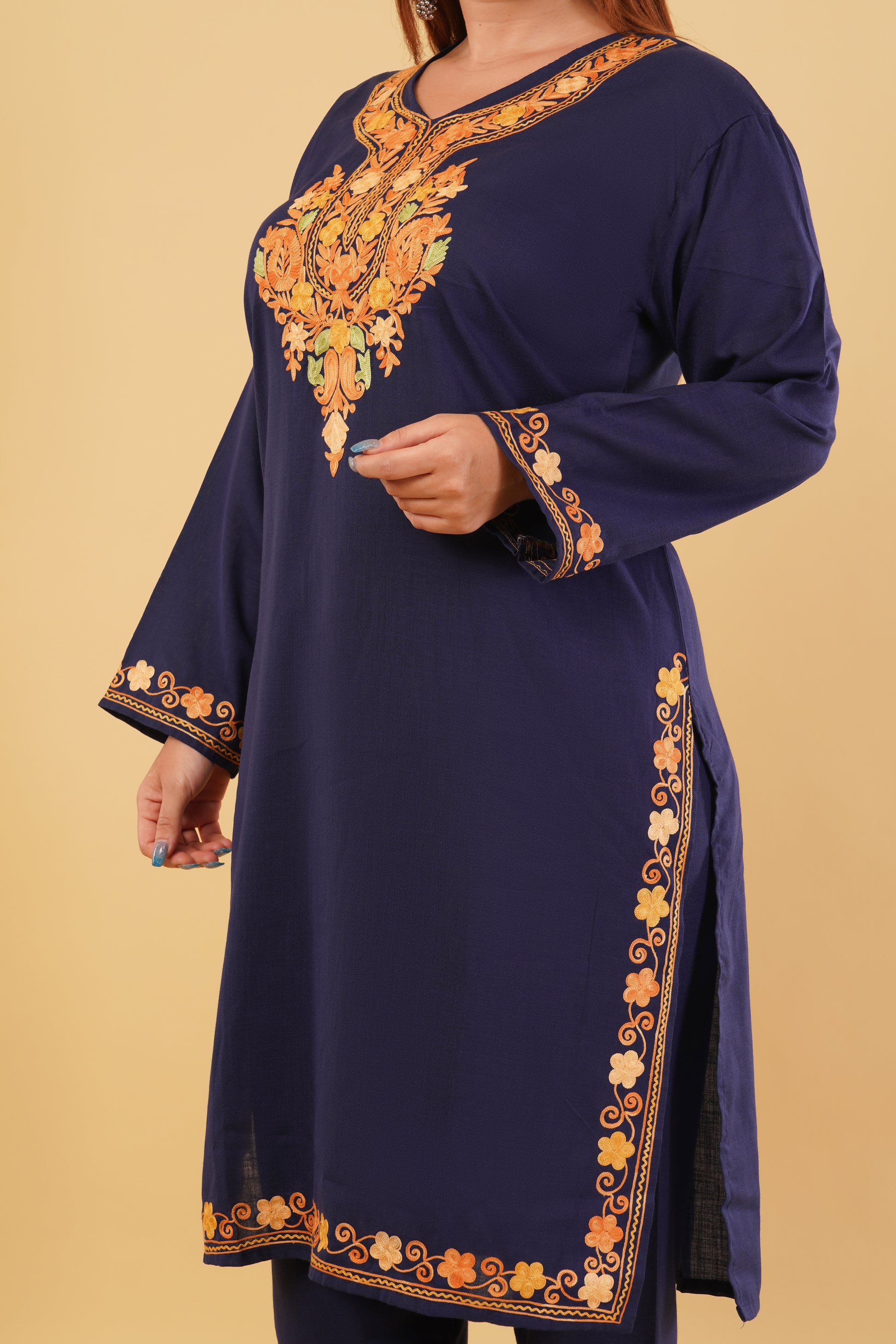 Kashmiri Aari embroidery Cotton Co-ord set Size-44 (Navy Blue)