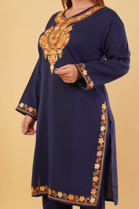 Kashmiri Aari embroidery Cotton Co-ord set Size-44 (Navy Blue)