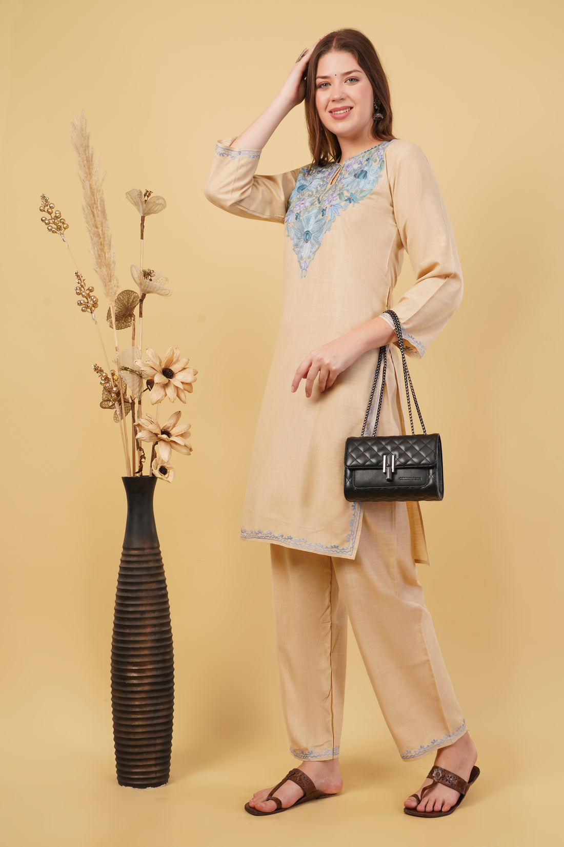Kashmiri Aari embroidery Cotton Co-ord set Size-40 (Beige)