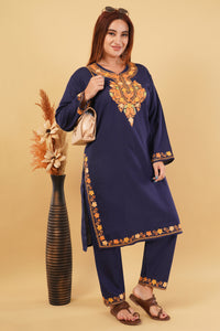 Kashmiri Aari embroidery Cotton Co-ord set Size-44 (Navy Blue)