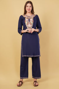 Kashmiri Aari embroidery Cotton Co-ord set Size-40 (Navy Blue)