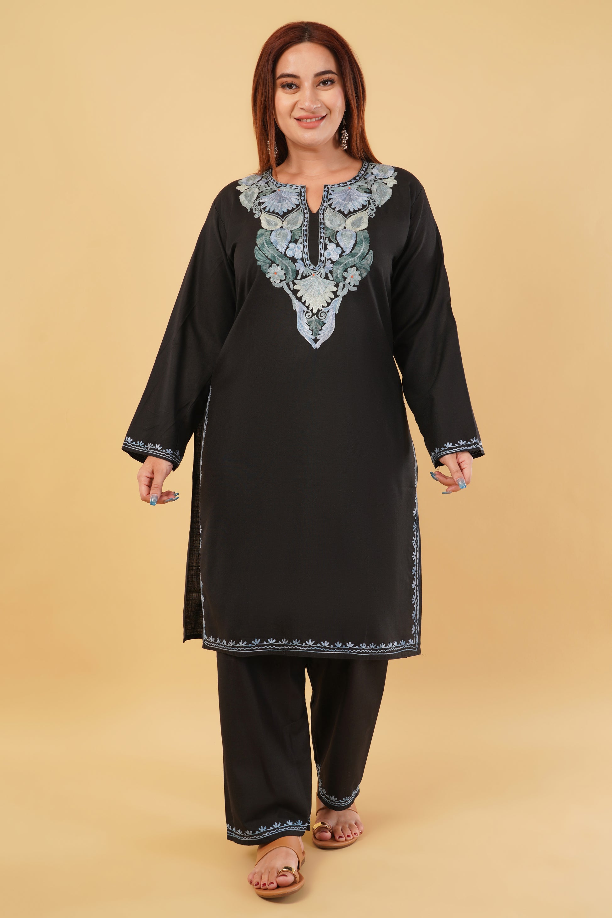 Kashmiri Aari embroidery Cotton Co-ord set Size-44 (Black)