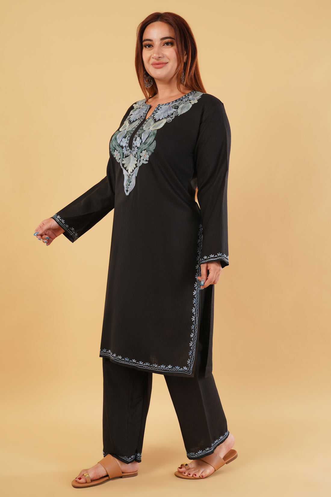 Kashmiri Aari embroidery Cotton Co-ord set Size-44 (Black)