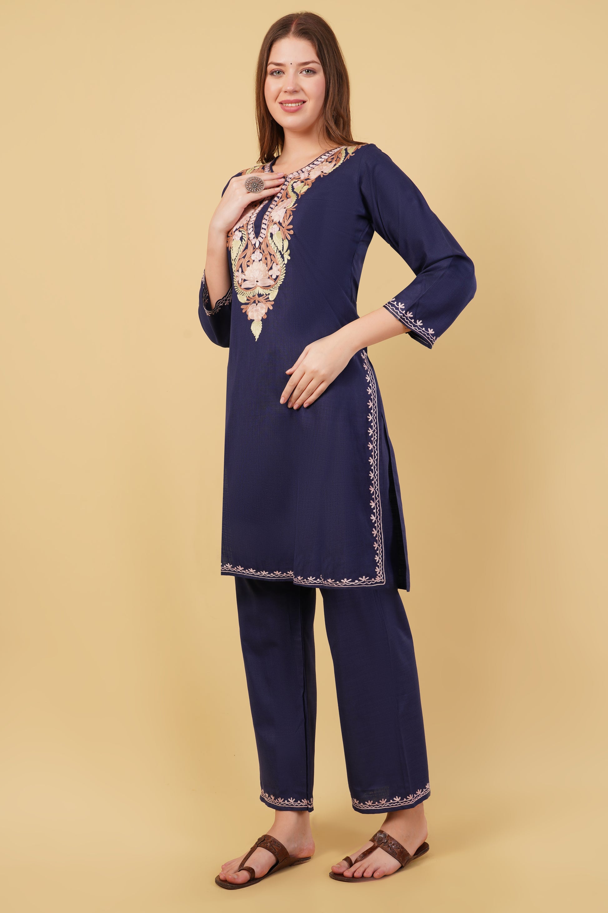 Kashmiri Aari embroidery Cotton Co-ord set Size-40 (Navy Blue)