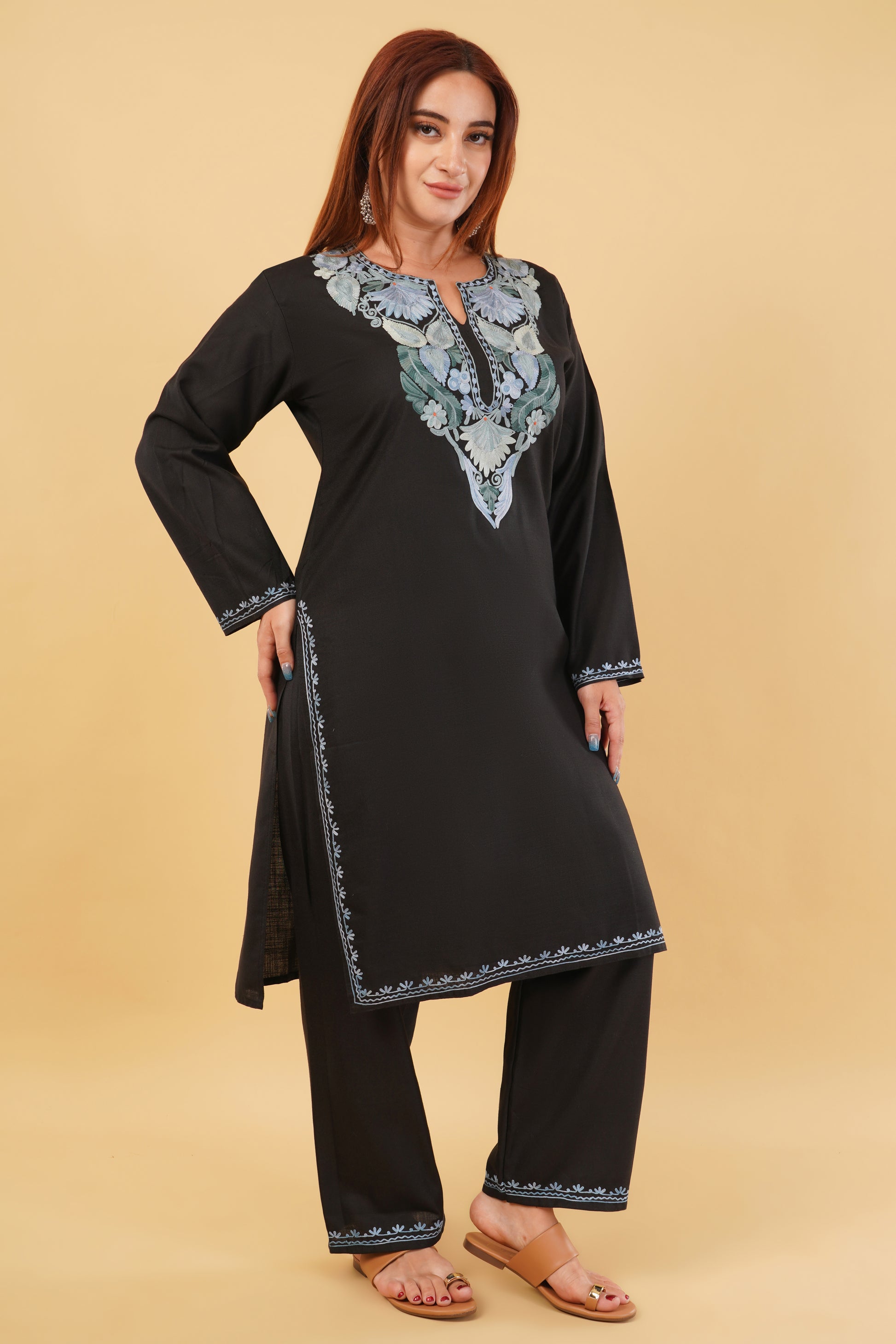 Kashmiri Aari embroidery Cotton Co-ord set Size-44 (Black)