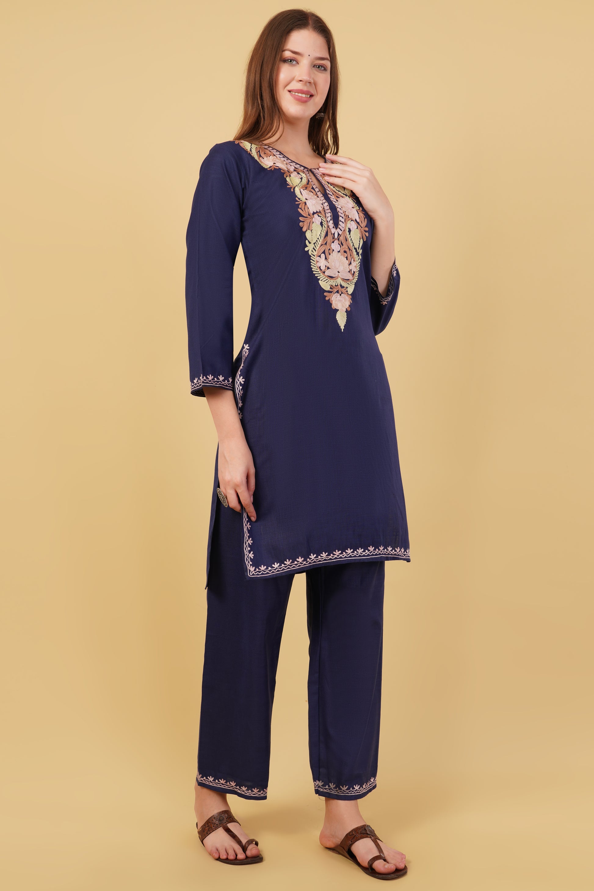 Kashmiri Aari embroidery Cotton Co-ord set Size-40 (Navy Blue)