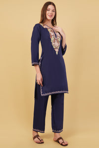 Kashmiri Aari embroidery Cotton Co-ord set Size-40 (Navy Blue)