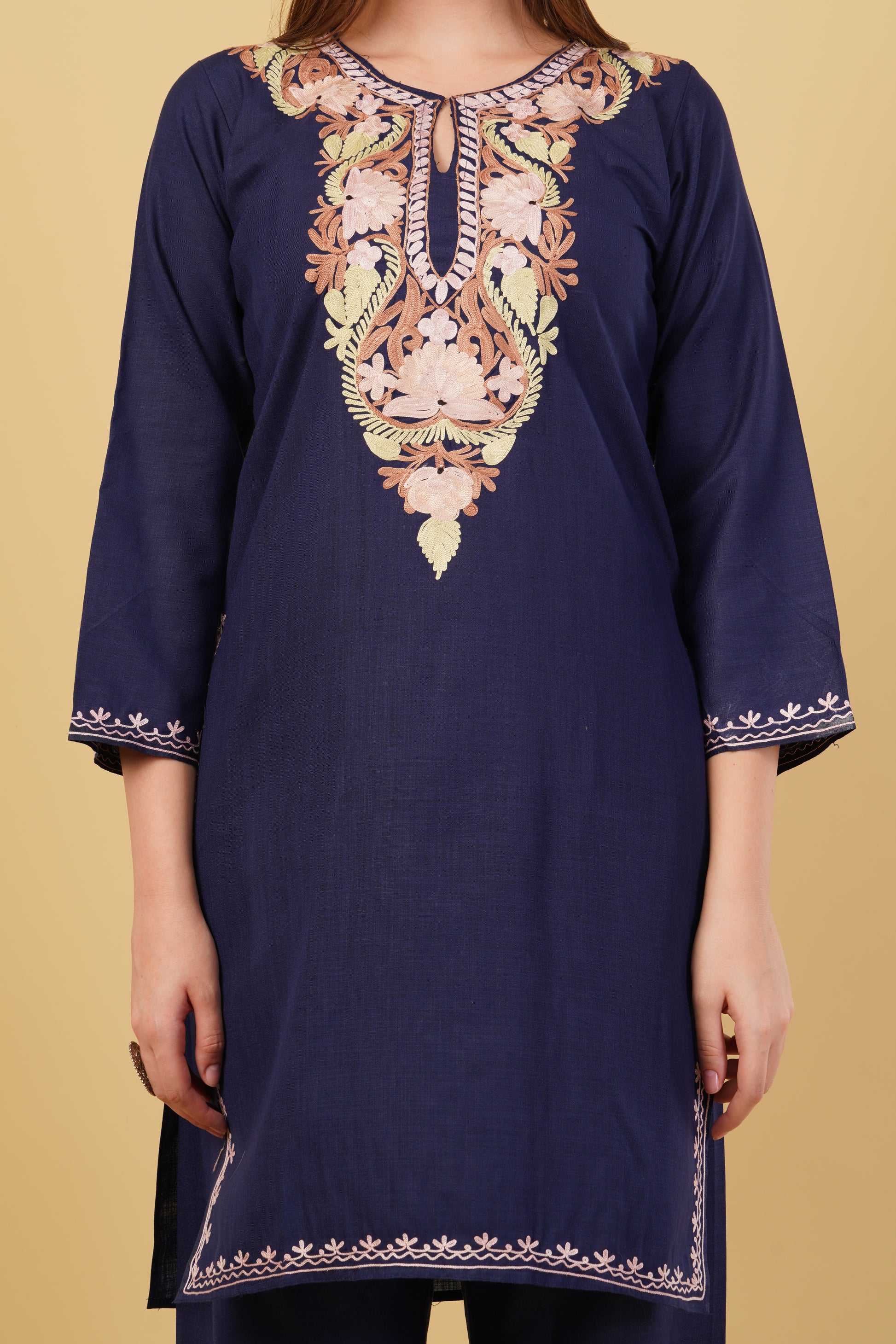 Kashmiri Aari embroidery Cotton Co-ord set Size-40 (Navy Blue)