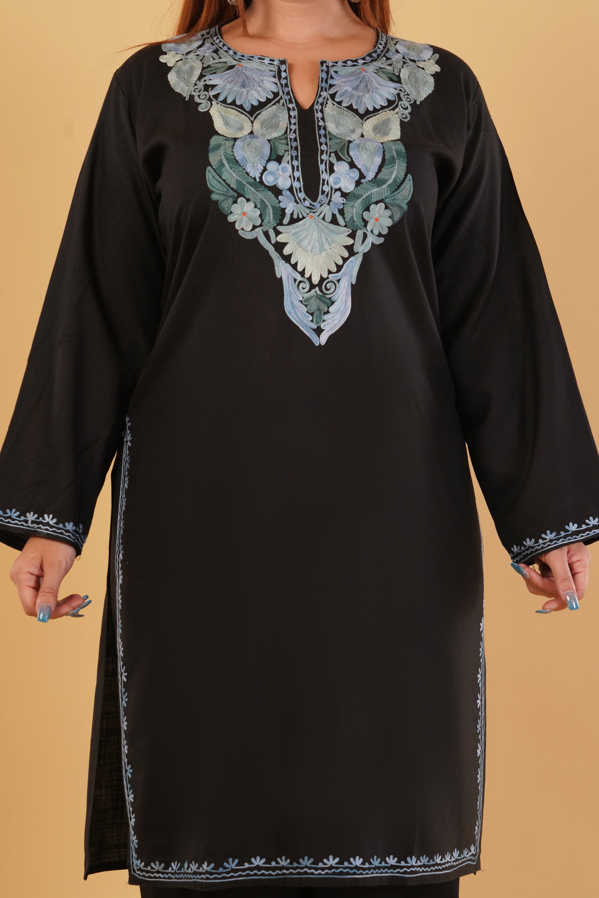 Kashmiri Aari embroidery Cotton Co-ord set Size-44 (Black)
