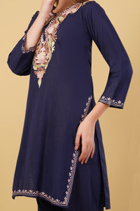 Kashmiri Aari embroidery Cotton Co-ord set Size-40 (Navy Blue)