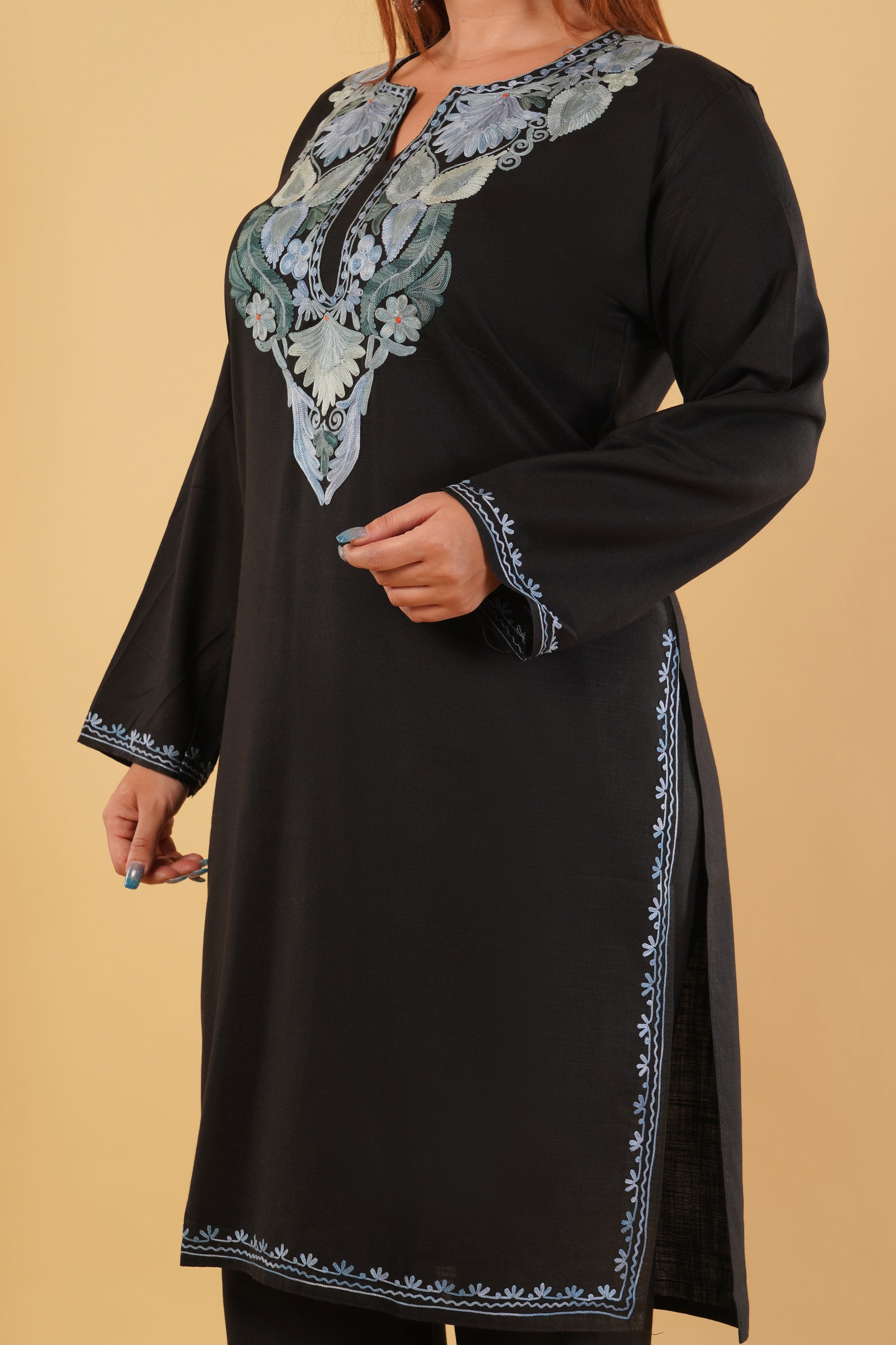 Kashmiri Aari embroidery Cotton Co-ord set Size-44 (Black)