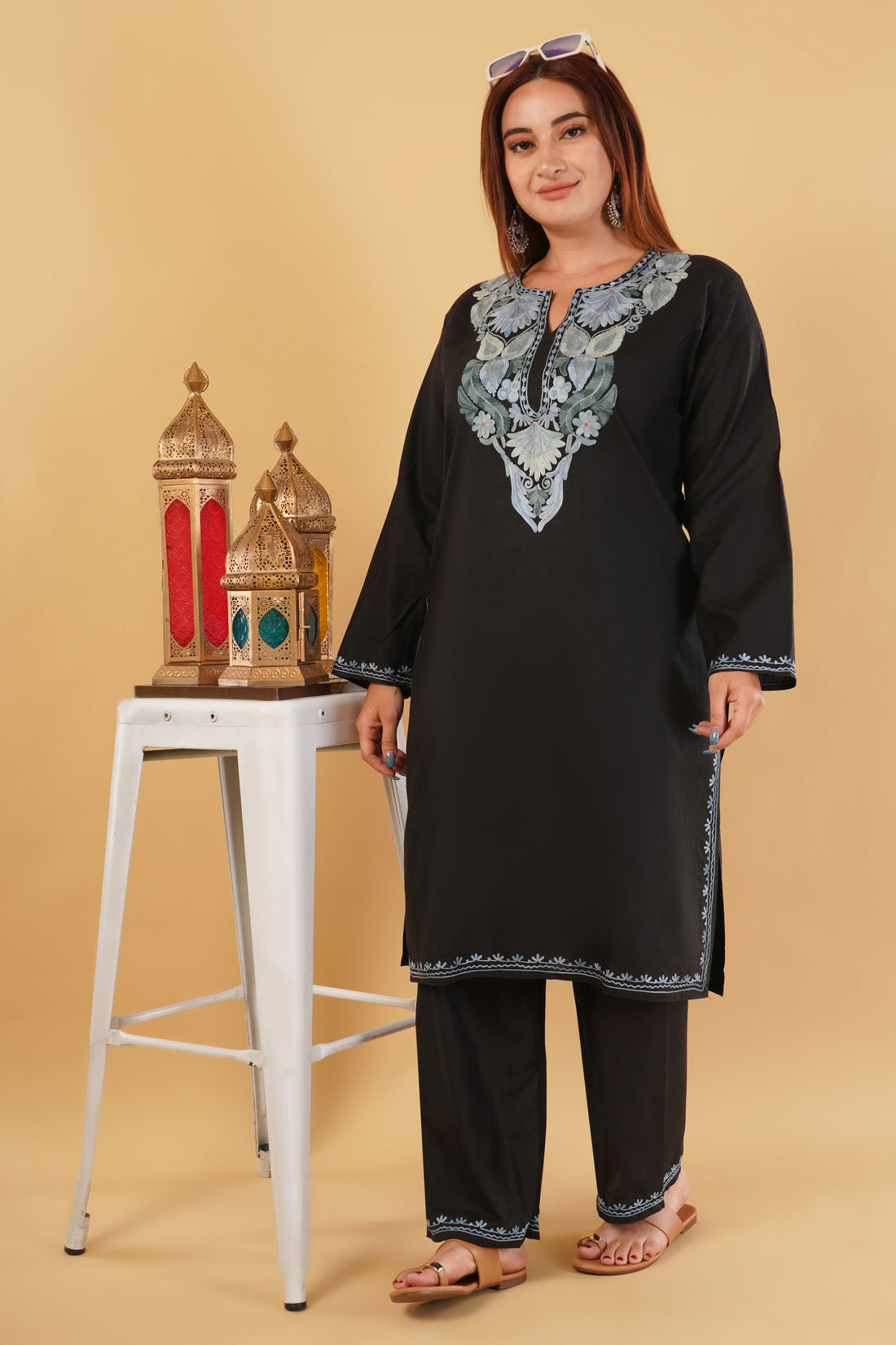 Kashmiri Aari embroidery Cotton Co-ord set Size-44 (Black)