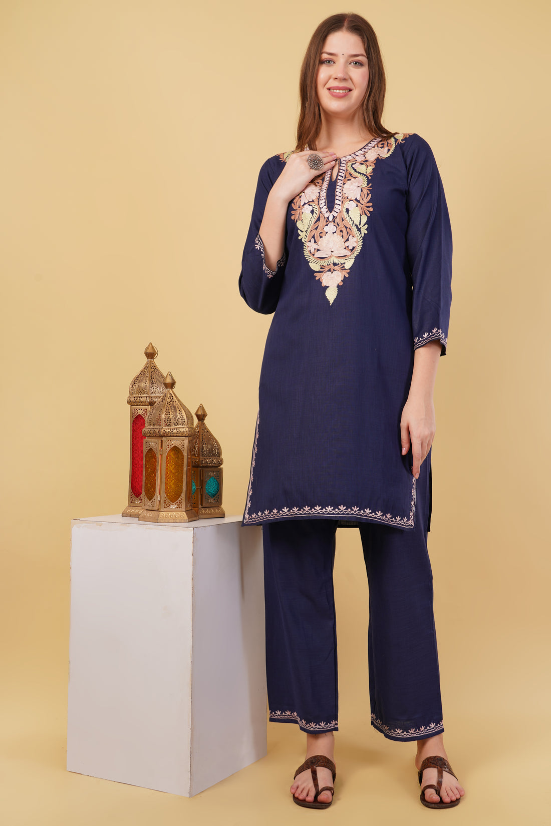 Kashmiri Aari embroidery Cotton Co-ord set Size-40 (Navy Blue)