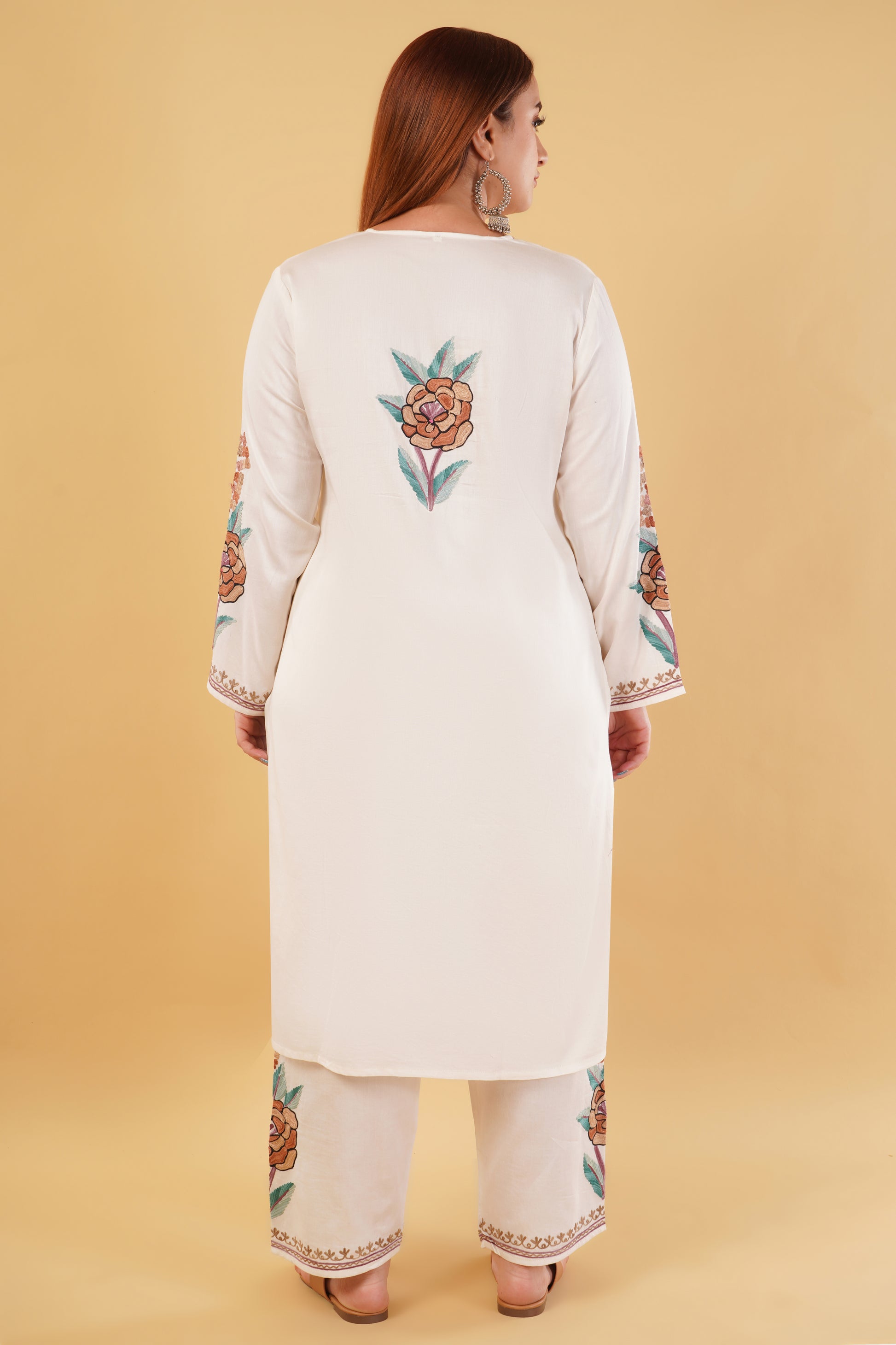 Kashmiri Aari embroidery Jaam Cotton Co-ord set Size-46 (White)