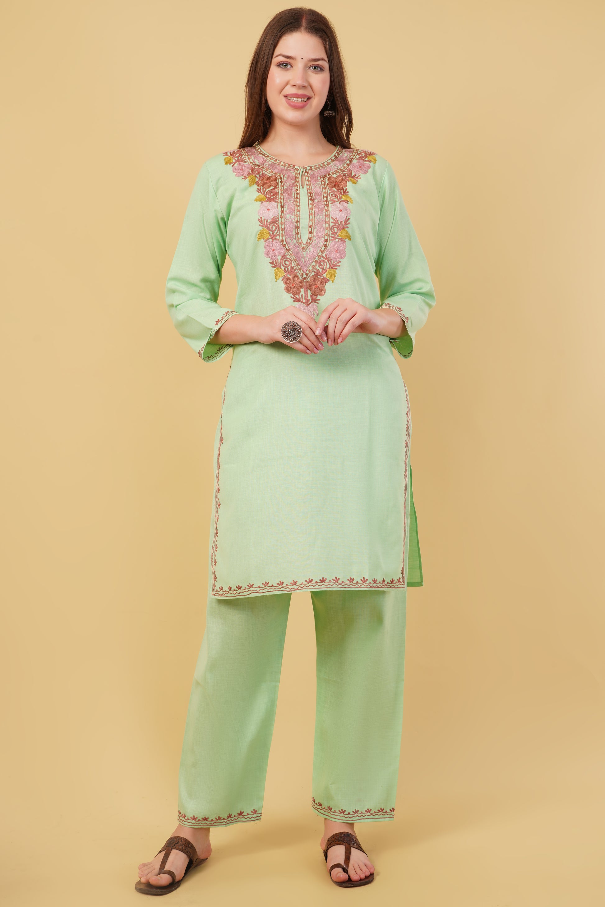 Kashmiri Aari embroidery Cotton Co-ord set Size-40 (Green)