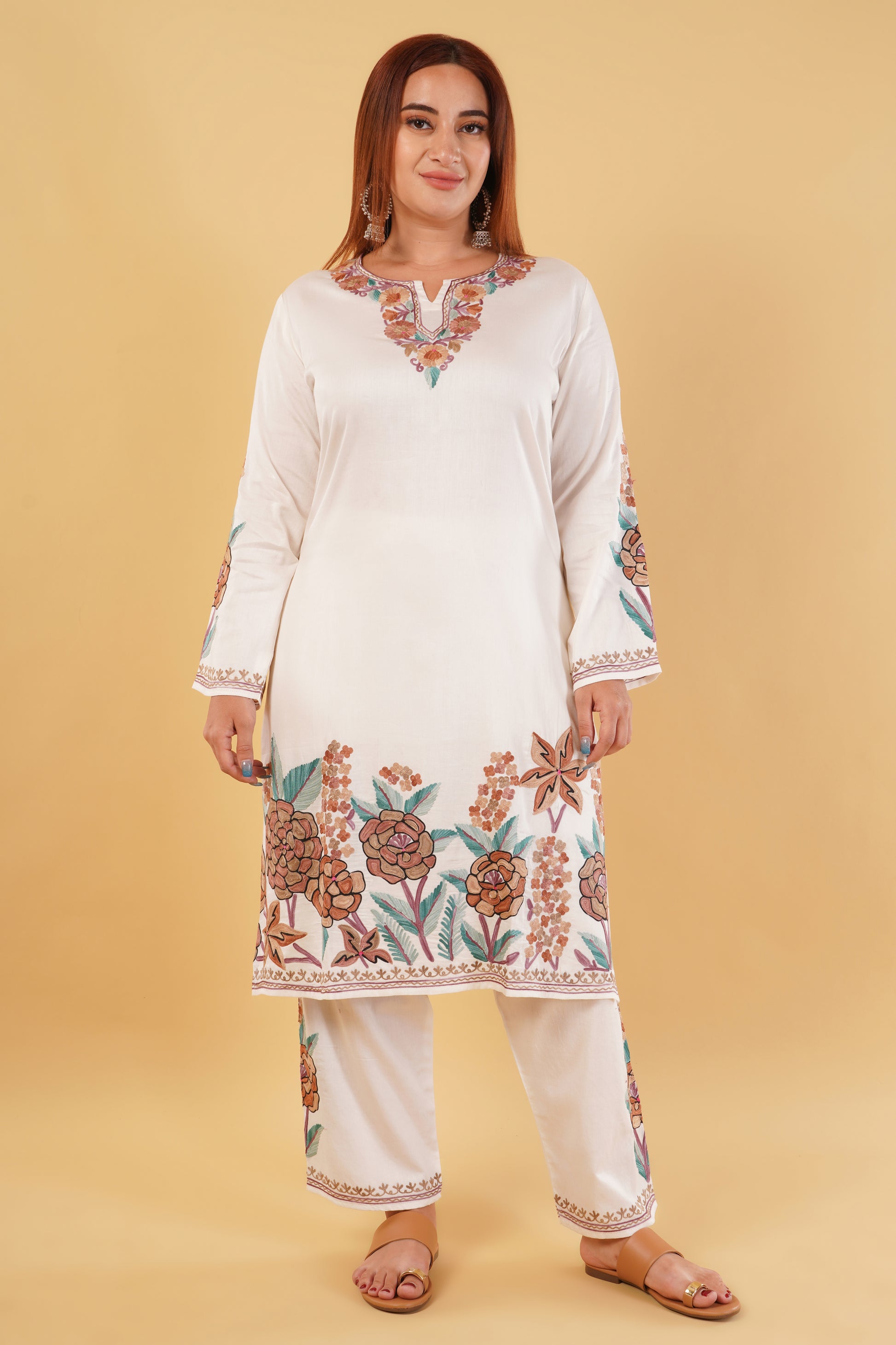 Kashmiri Aari embroidery Jaam Cotton Co-ord set Size-46 (White)