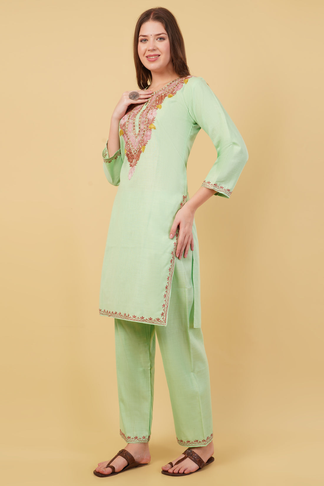 Kashmiri Aari embroidery Cotton Co-ord set Size-40 (Green)