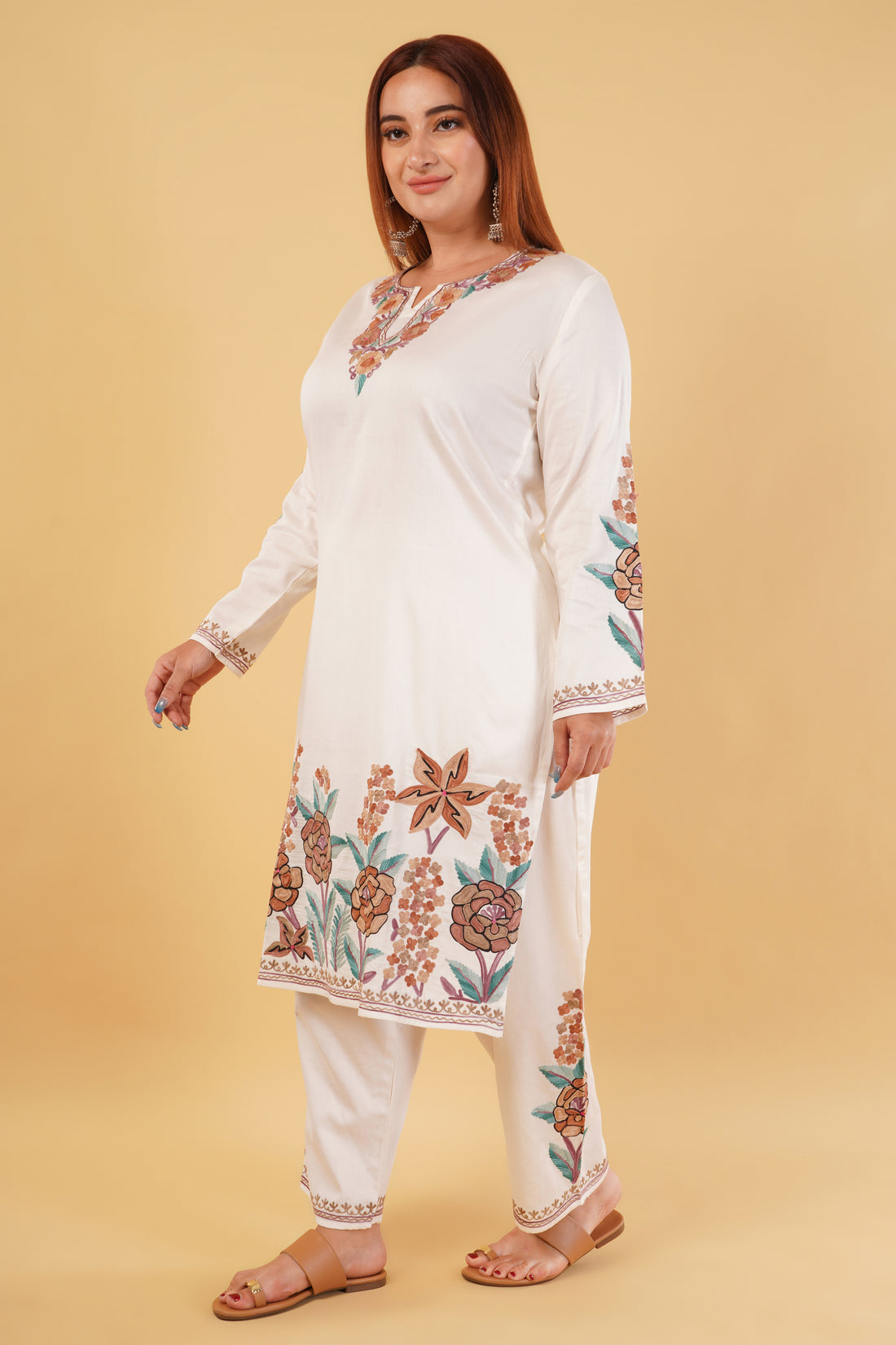 Kashmiri Aari embroidery Jaam Cotton Co-ord set Size-46 (White)