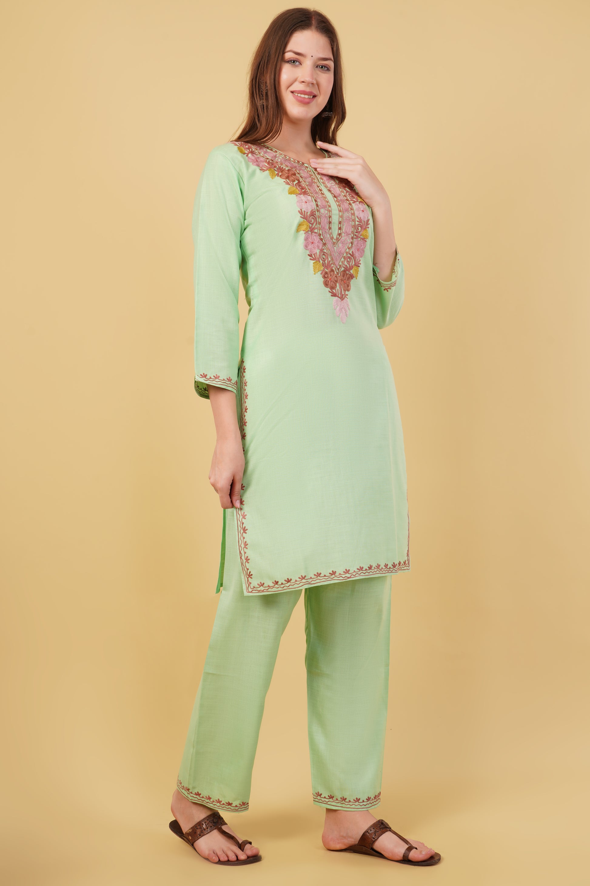 Kashmiri Aari embroidery Cotton Co-ord set Size-40 (Green)