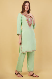 Kashmiri Aari embroidery Cotton Co-ord set Size-40 (Green)