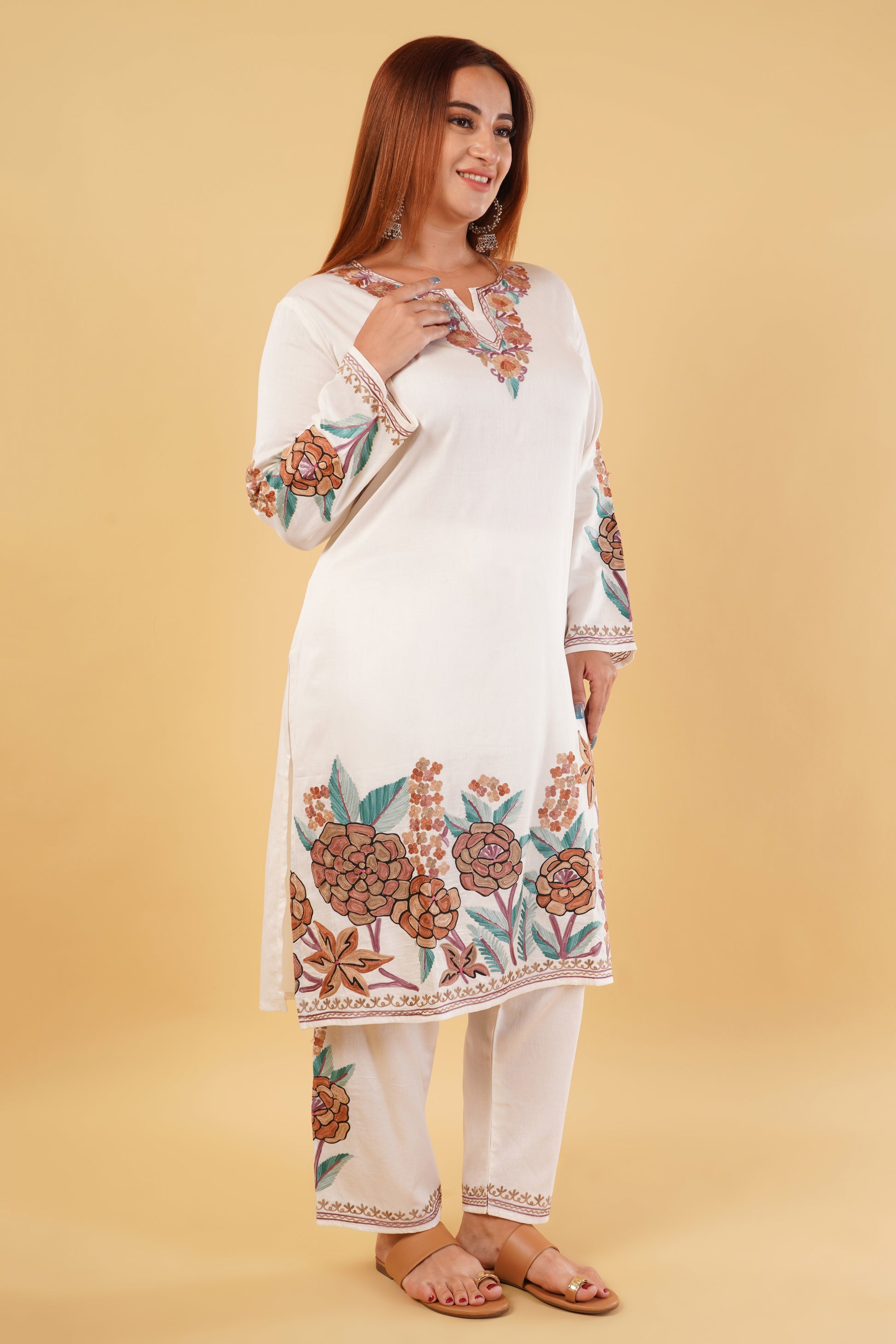 Kashmiri Aari embroidery Jaam Cotton Co-ord set Size-46 (White)