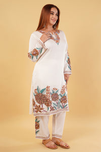 Kashmiri Aari embroidery Jaam Cotton Co-ord set Size-46 (White)