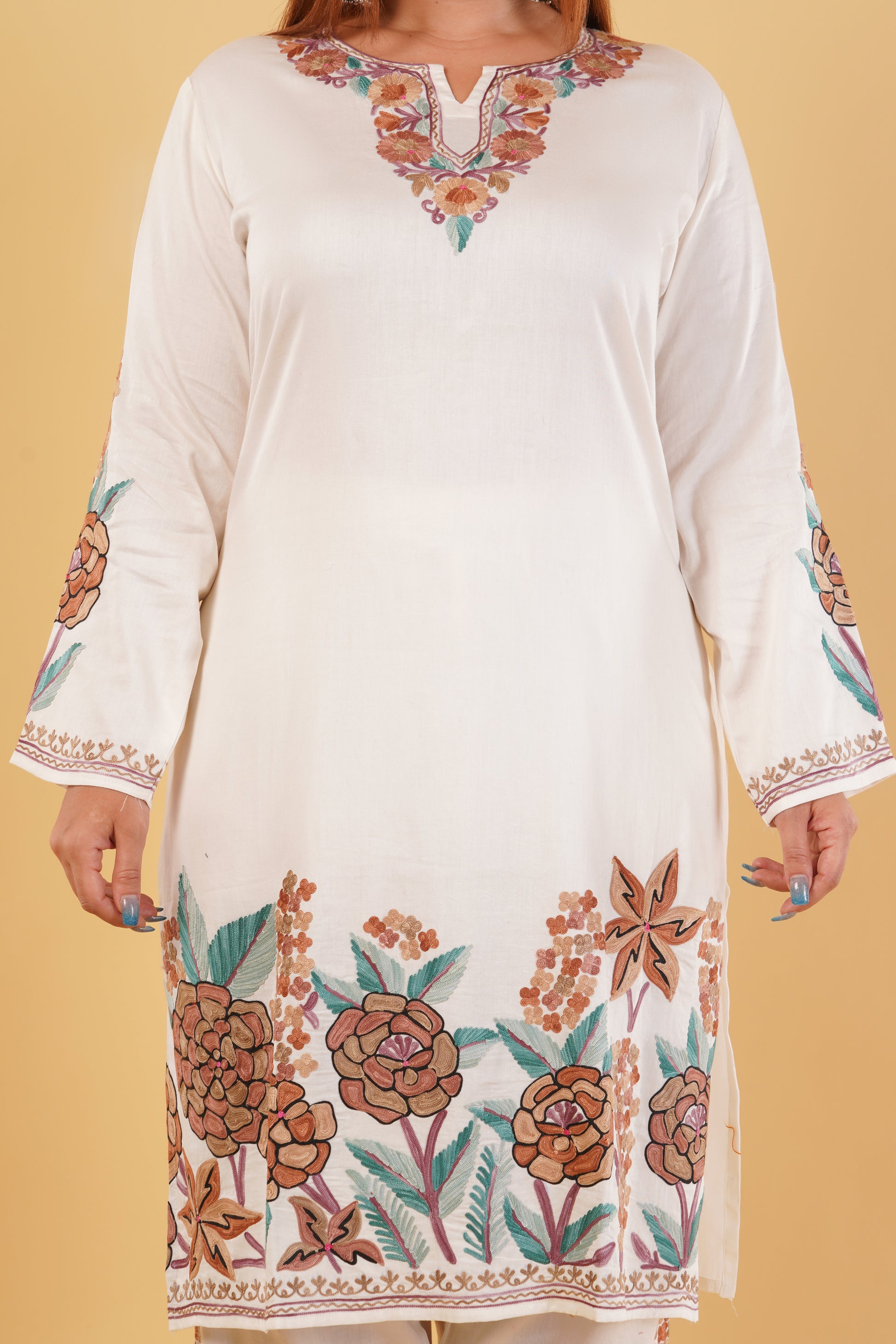 Kashmiri Aari embroidery Jaam Cotton Co-ord set Size-46 (White)