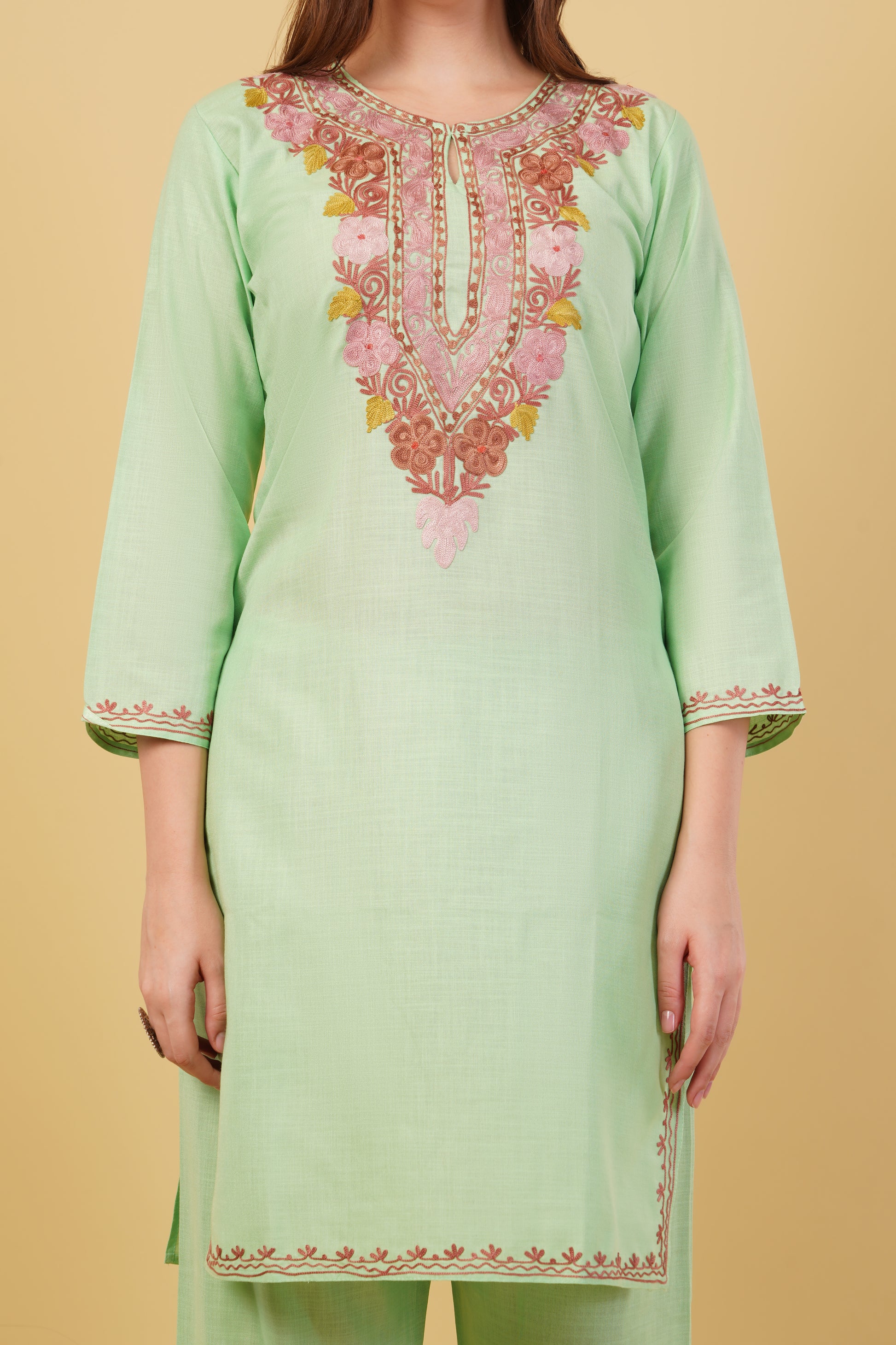 Kashmiri Aari embroidery Cotton Co-ord set Size-40 (Green)