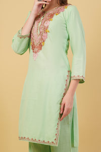 Kashmiri Aari embroidery Cotton Co-ord set Size-40 (Green)