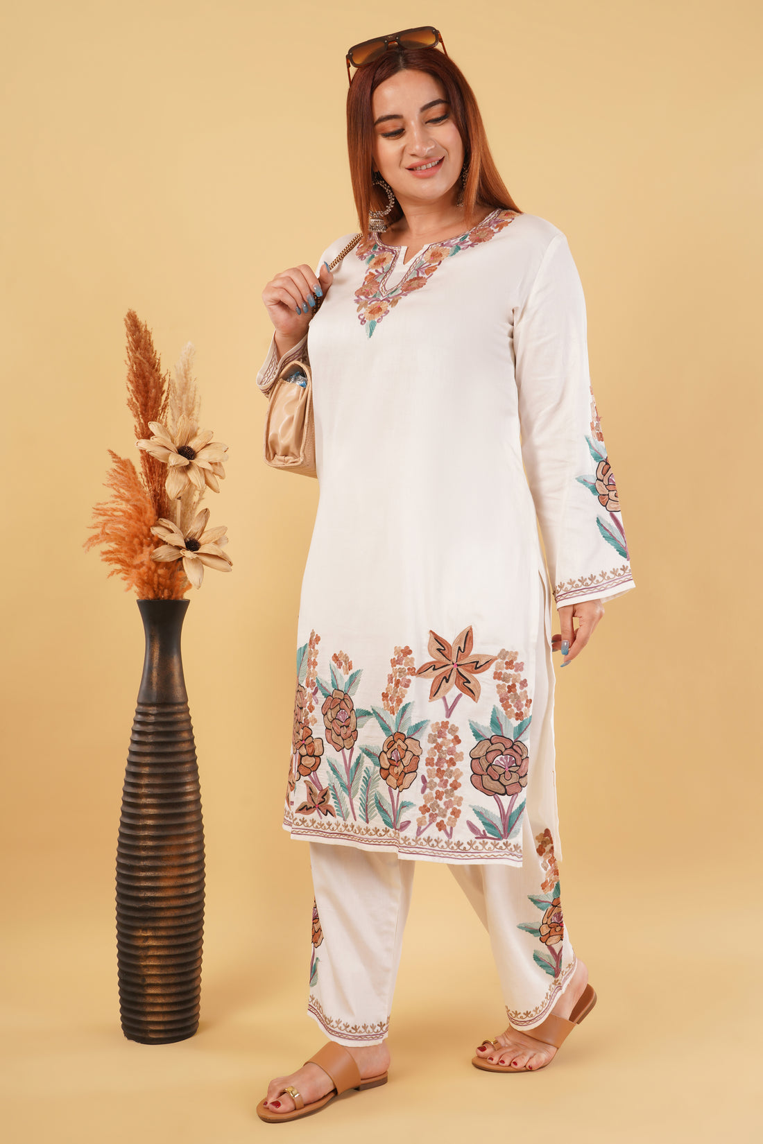 Kashmiri Aari embroidery Jaam Cotton Co-ord set Size-46 (White)