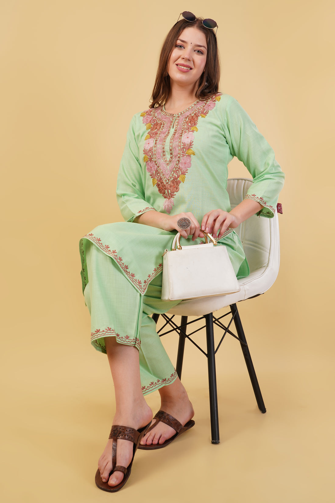 Kashmiri Aari embroidery Cotton Co-ord set Size-40 (Green)