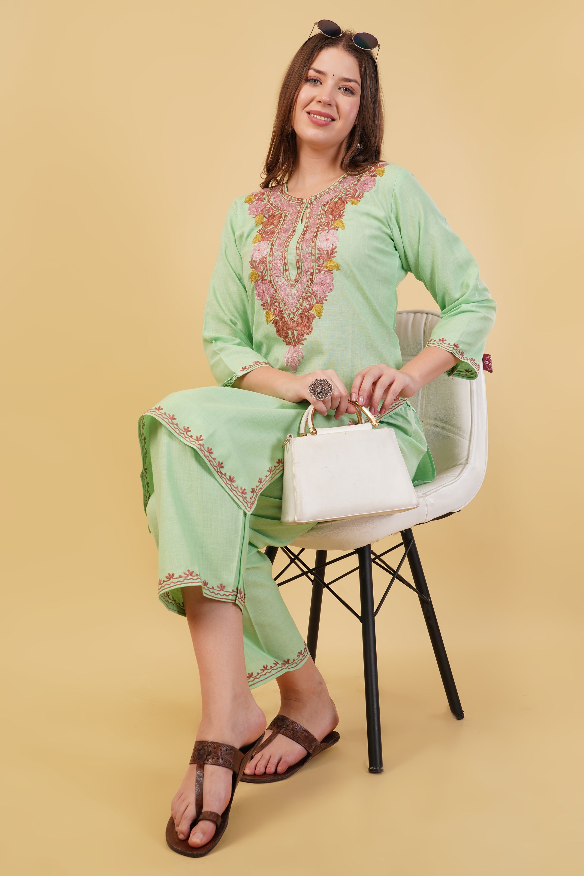 Kashmiri Aari embroidery Cotton Co-ord set Size-40 (Green)