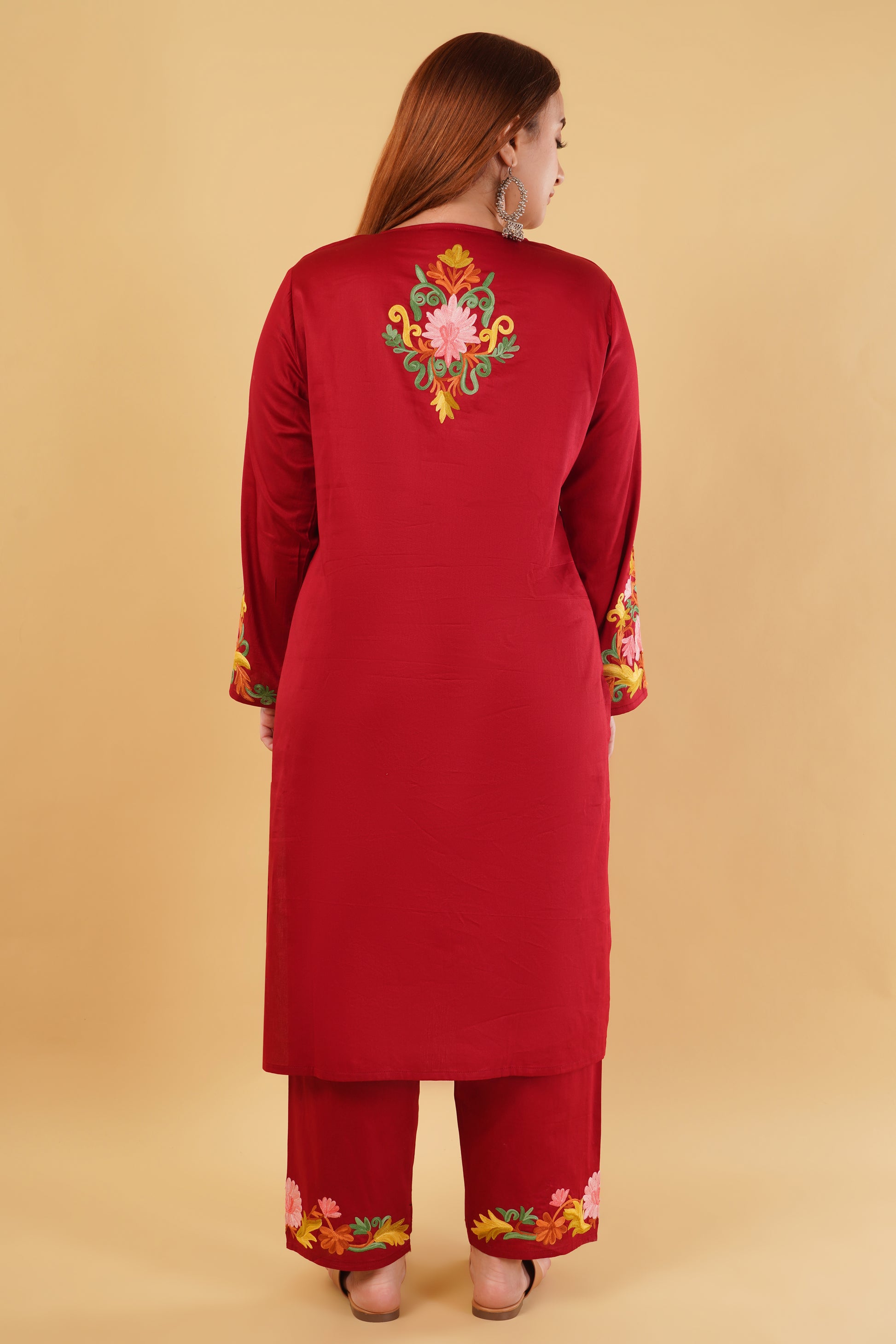 Kashmiri Aari embroidery Jaam Cotton Co-ord set Size-46 (Red)