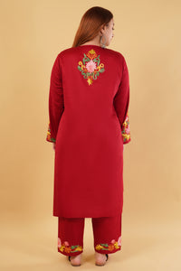 Kashmiri Aari embroidery Jaam Cotton Co-ord set Size-46 (Red)