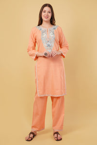 Kashmiri Aari embroidery Cotton Co-ord set Size-40(Peach)