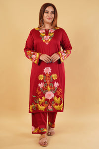 Kashmiri Aari embroidery Jaam Cotton Co-ord set Size-46 (Red)