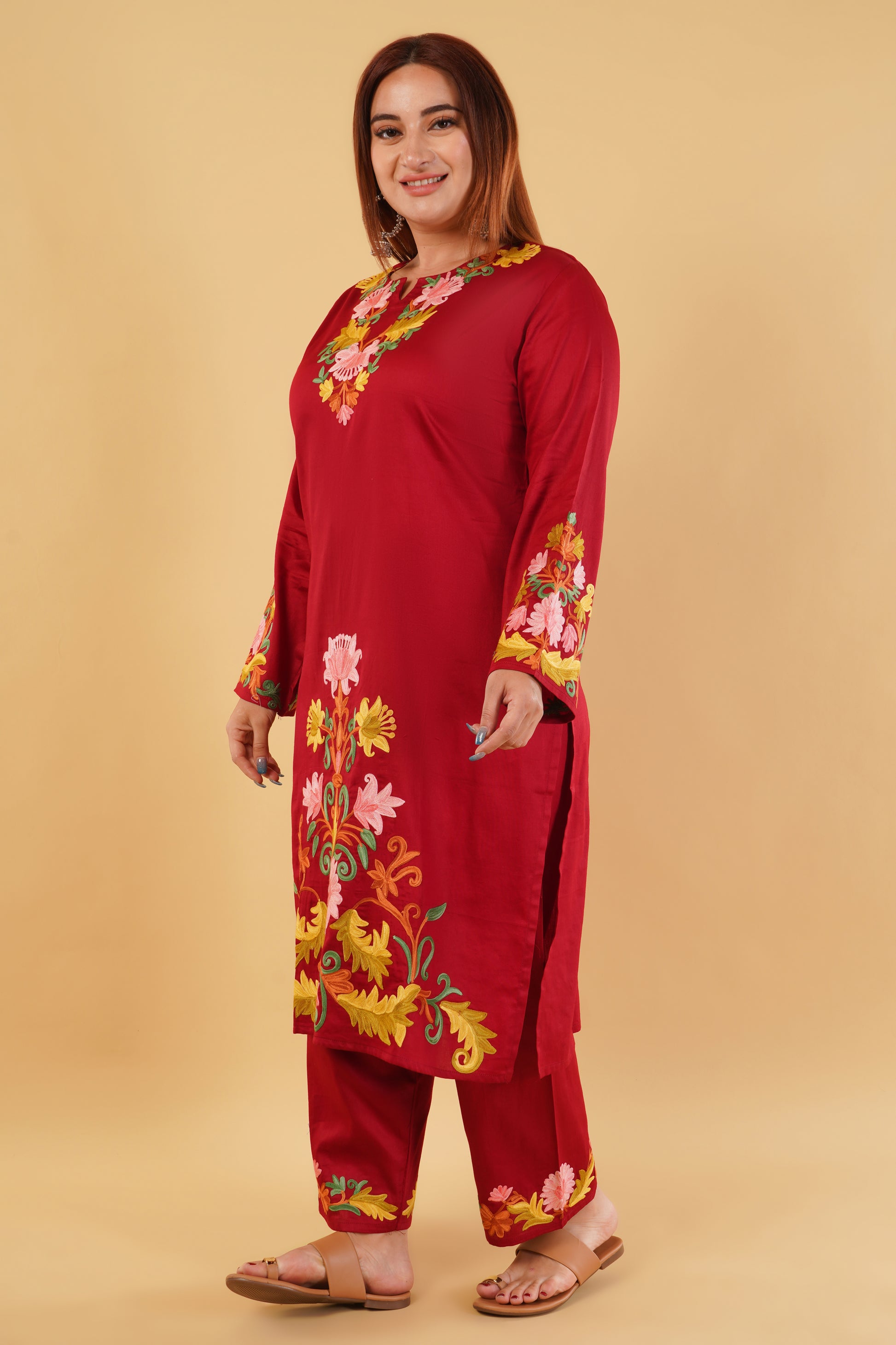 Kashmiri Aari embroidery Jaam Cotton Co-ord set Size-46 (Red)
