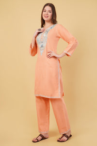 Kashmiri Aari embroidery Cotton Co-ord set Size-40(Peach)