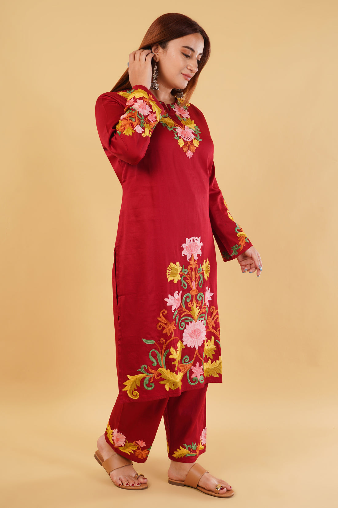 Kashmiri Aari embroidery Jaam Cotton Co-ord set Size-46 (Red)