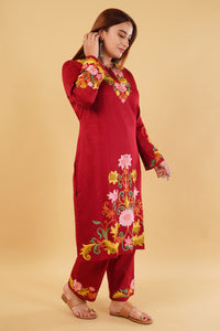 Kashmiri Aari embroidery Jaam Cotton Co-ord set Size-46 (Red)
