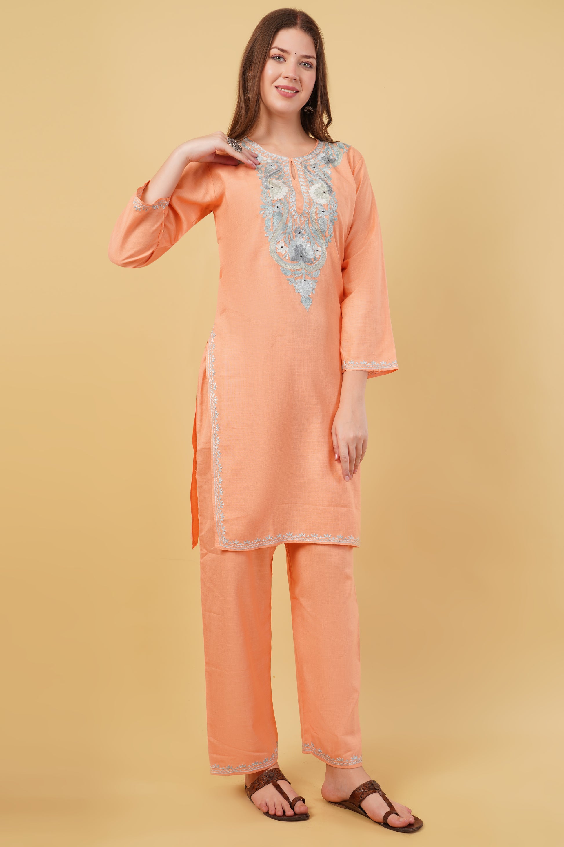 Kashmiri Aari embroidery Cotton Co-ord set Size-40(Peach)