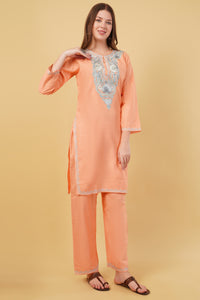 Kashmiri Aari embroidery Cotton Co-ord set Size-40(Peach)