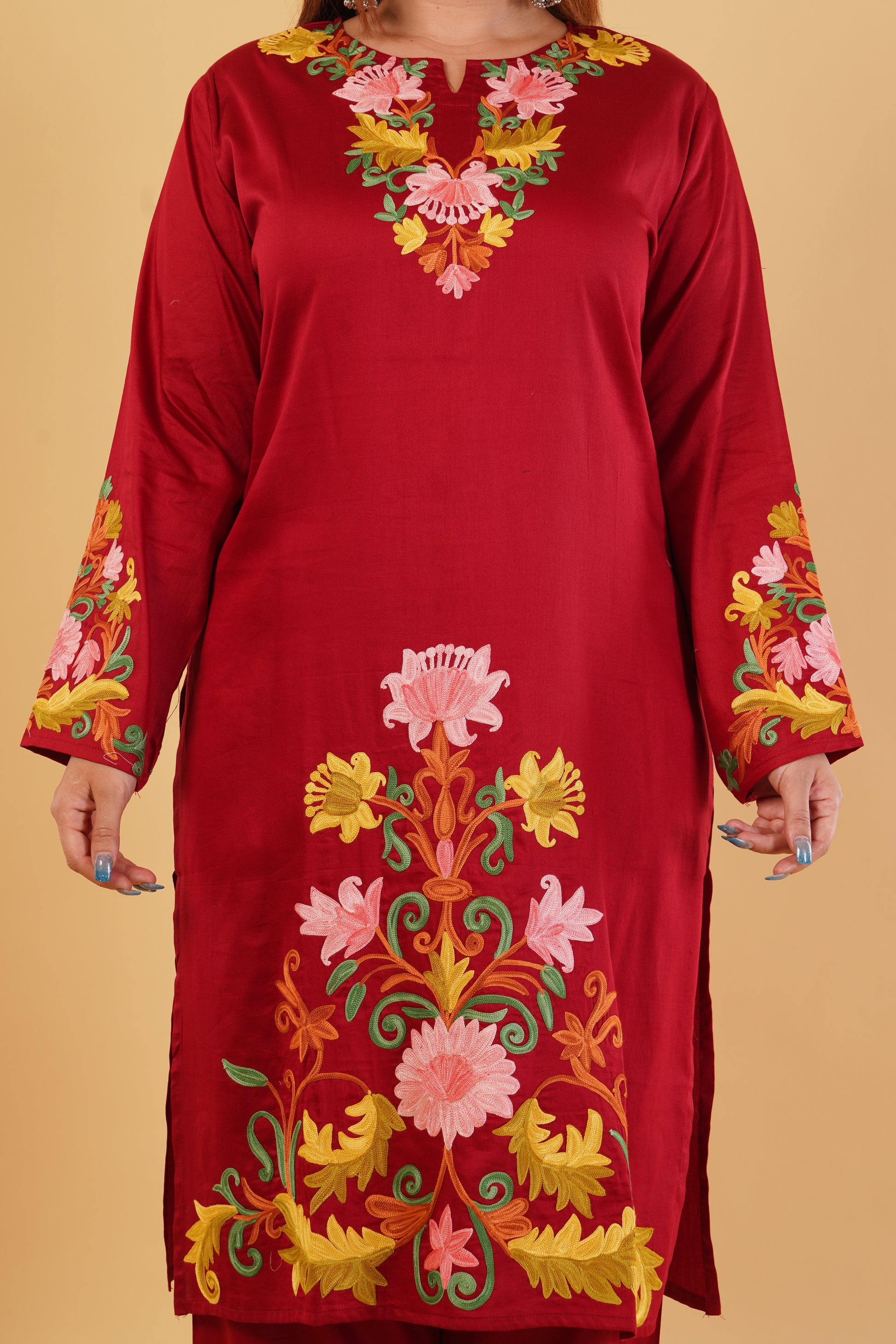 Kashmiri Aari embroidery Jaam Cotton Co-ord set Size-46 (Red)