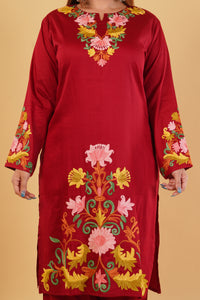 Kashmiri Aari embroidery Jaam Cotton Co-ord set Size-46 (Red)