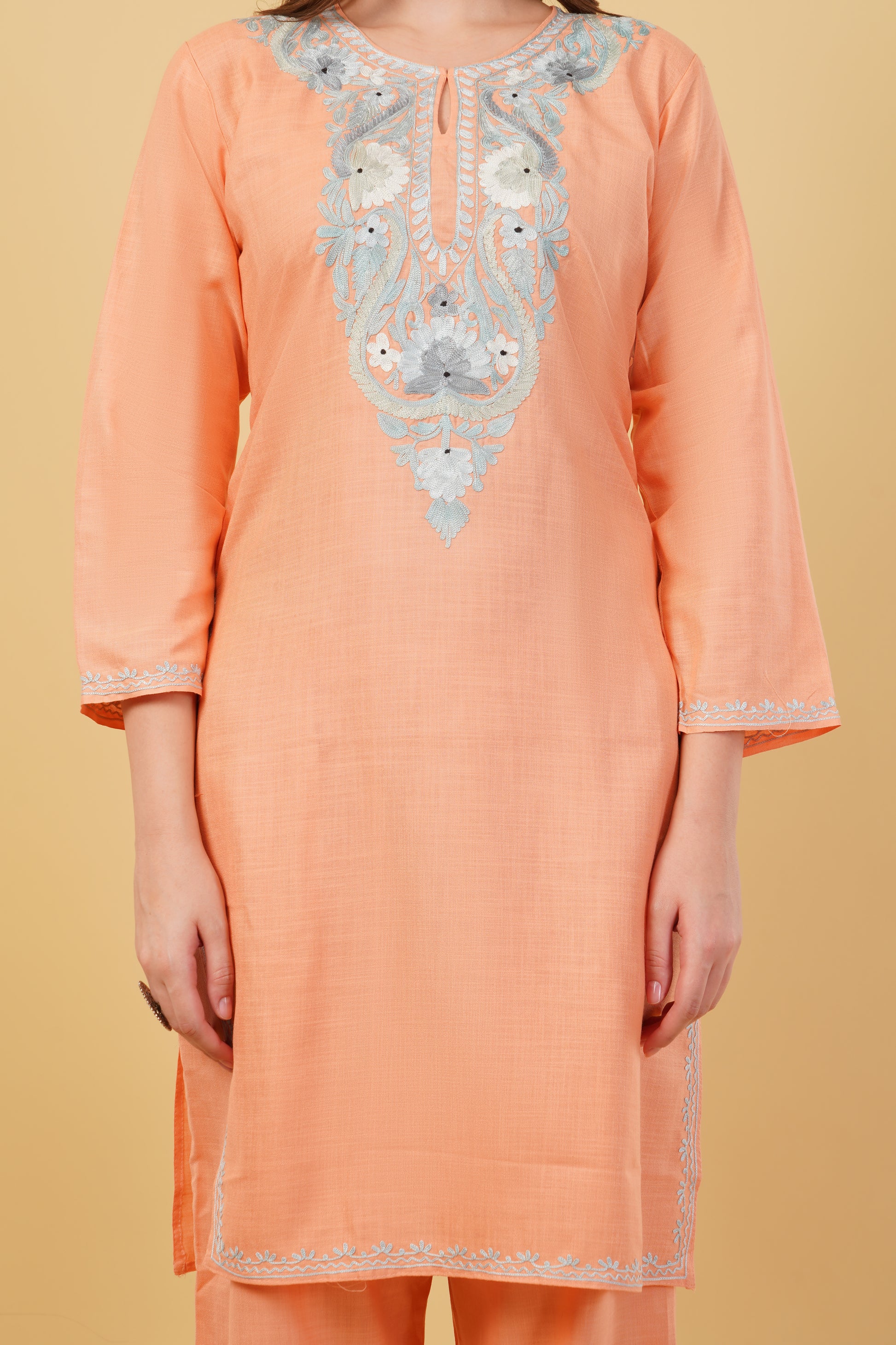 Kashmiri Aari embroidery Cotton Co-ord set Size-40(Peach)