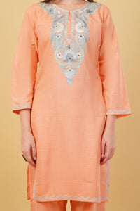 Kashmiri Aari embroidery Cotton Co-ord set Size-40(Peach)